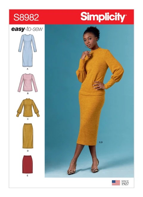 Simplicity Sewing Pattern Misses' Knit Two Piece Sweater Dress, Tops, Skirts - S8982 - 6-14 or 14-22 (A,L,N)