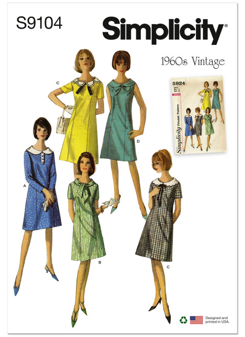 Simplicity Sewing Pattern 1960s Misses' Vintage Dresses with Sleeve & Neckline Variation - S9104 - 6-14 or 14-22 (A,L,N)