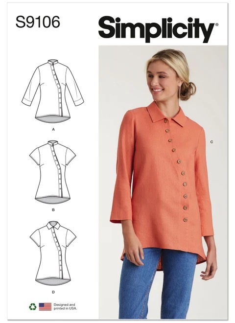 Simplicity Sewing Pattern Misses' & Women's Button Front Shirt - S9106 - 10-18 or 20w-28w (A,L,N)