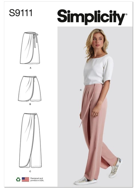 Simplicity Sewing Pattern Misses' Faux Wrap Pants, Skirt & Shorts - S9111 - 6-14 or 16-24 (A,L,N)