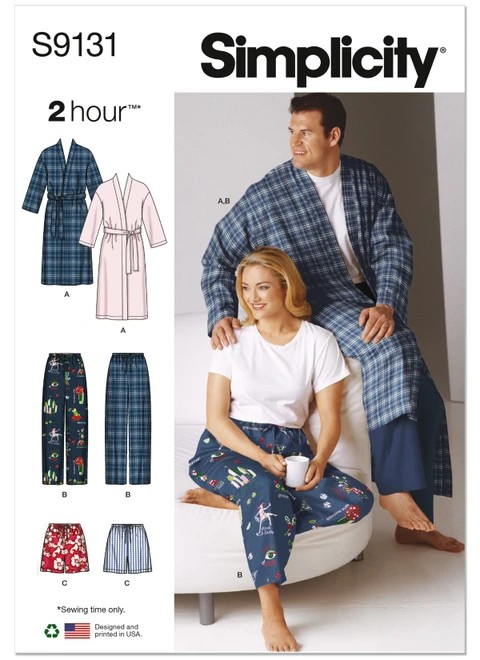 Simplicity Sewing Pattern Unisex Sleepwear - S9131 - S-L or XS-XXXL (A,L,N)