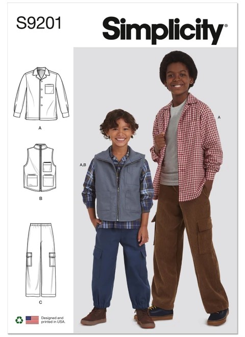Simplicity Sewing Pattern Children's & Boys' Shirt, Vest & Pull-On Pants - S9201 - 3-6 or 8-16 (U)