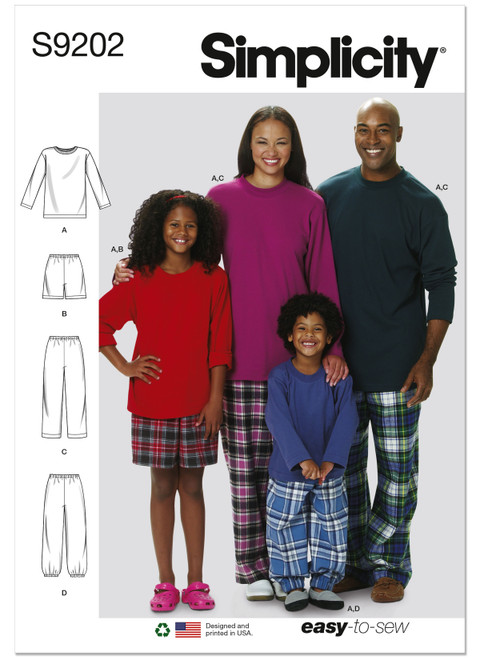 Simplicity Sewing Pattern Misses'/Men's/Children's/Boys'/Girls' T-Shirt, Shorts and Pants - S9202 - S-XL (Adult) or S-XL (Child) (A,L,N)