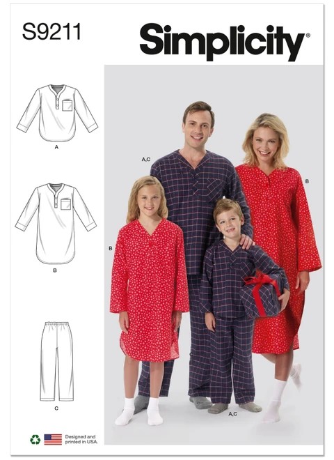 Simplicity Sewing Pattern Misses'/Men's/Boys'/Girls' Patch Pocket Top, Nightshirt and Pants - S9211 - S-XL (Adult) or S-XL (Child) (A,L,N)