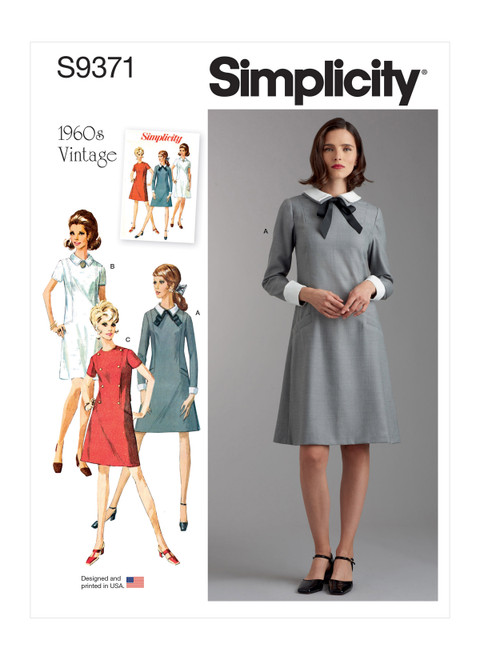 Simplicity Sewing Pattern 1960s Misses' & Women's Dress with Collar, Cuff and Sleeve Variations - S9371 - 8-16 or 18w-26w (A,L,N)