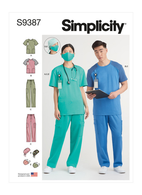 Simplicity Sewing Pattern Unisex Knit Scrub Tops, Pants, Cap and Mask - S9387 - Size - XS-XXL (A,L,N)