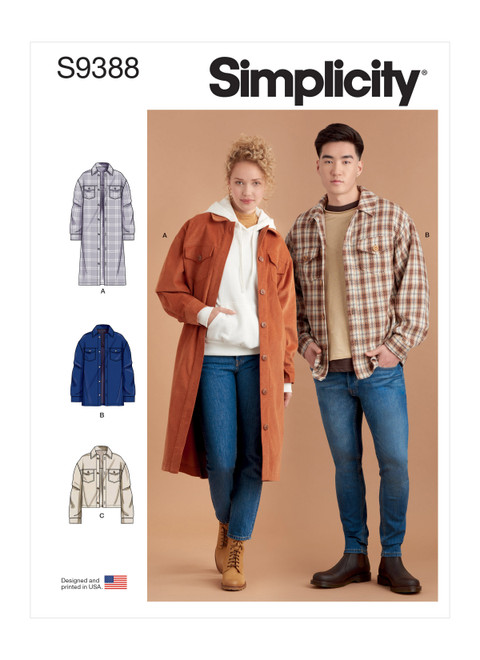 Simplicity Sewing Pattern Unisex Shirt Jackets - S9388 - Size - XXS-XXL (A,L,N)