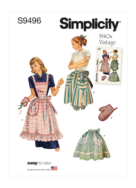 Simplicity Sewing Pattern 1940s Misses' Vintage Apron - S9496 - Size - One Size (K)