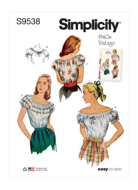 Simplicity Sewing Pattern 1940s Misses' Blouses - S9538 - 4-12 or 14-22 (K)