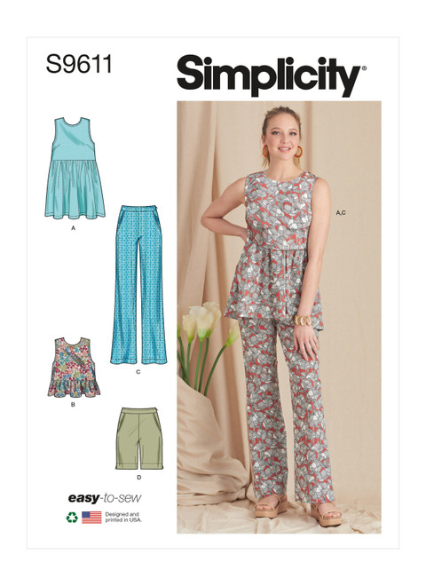 Simplicity Sewing Pattern Misses' Tunic, Cropped Top, Pants and Shorts - S9611 - 4-12 or 14-22 (U)