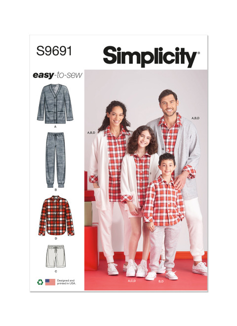 Simplicity Sewing Pattern Girls', Boys' and Adults' Lounge Shirt, Cardigan, Shorts and Joggers - S9691 - S-L or XS-XL (U)