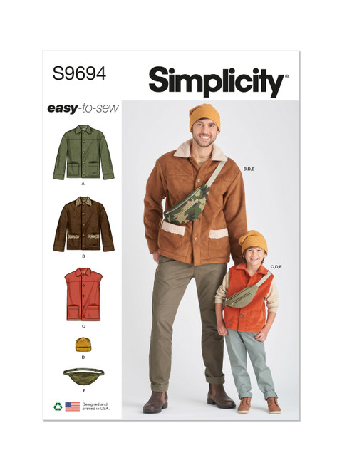 Simplicity Sewing Pattern Boys' and Men's Jacket, Vest, Hat and Crossbody Bag - S9694 - Size - S-L (Boys) - S-XL (Men) (U)