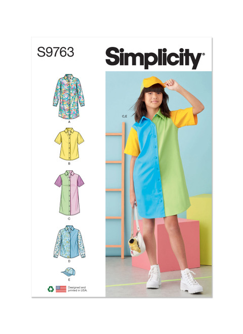 Simplicity Sewing Pattern Girls' Shirtdresses, Shirts and Hat - S9763 - Size - 7-14 (K)
