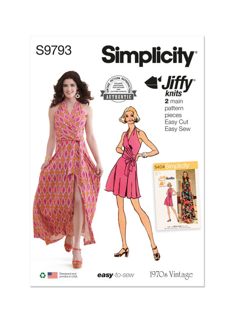 Simplicity Sewing Pattern 1970s Misses' Knit Front-Wrap Halter-Dress in Two Lengths - S9793 - 8-16 or 18-26 (D)