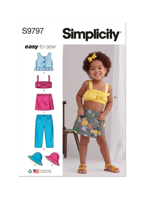 Simplicity Sewing Pattern Toddlers' Tops, Skort, Pants and Hat in Three Sizes - S9797 - Size - 1/2-4 (K)