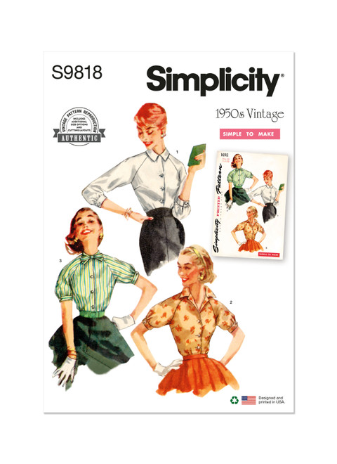 Simplicity Sewing Pattern 1950s Misses' Blouses - S9818 - 6-14 or 16-24 (D)