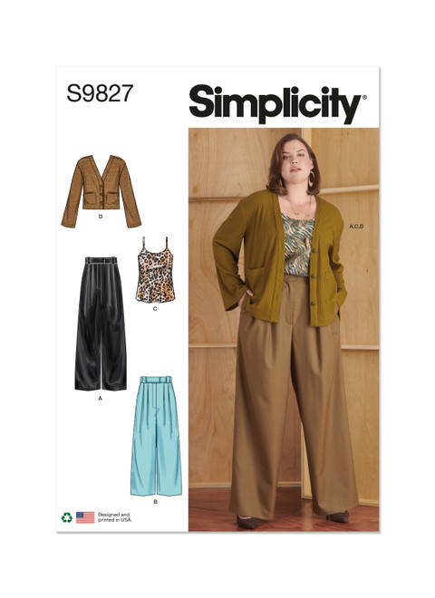 Simplicity Sewing Pattern Women's Pants in Two Lengths, Camisole and Cardigan - S9827 - 20w-28w or 30w-38w (A,L,N)