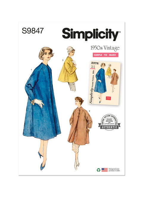Simplicity Sewing Pattern 1950s Misses' Coat in Three Lengths - S9847 - 8-16 or 18-26 (D)