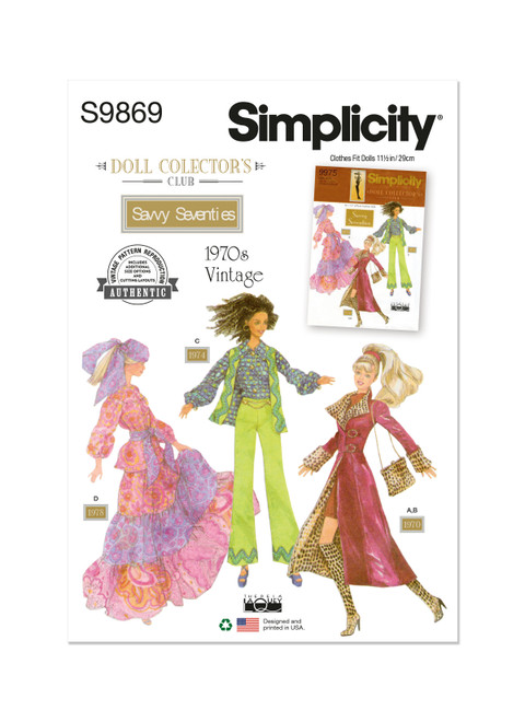 Simplicity Sewing Pattern 1970s Doll Clothes for 11 1/2" Fashion Doll by Theresa LaQuey - S9869 - Size - One Size (D)
