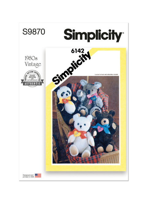 Simplicity Sewing Pattern 1980s Plush Bears - S9870 - Size - One Size (D)