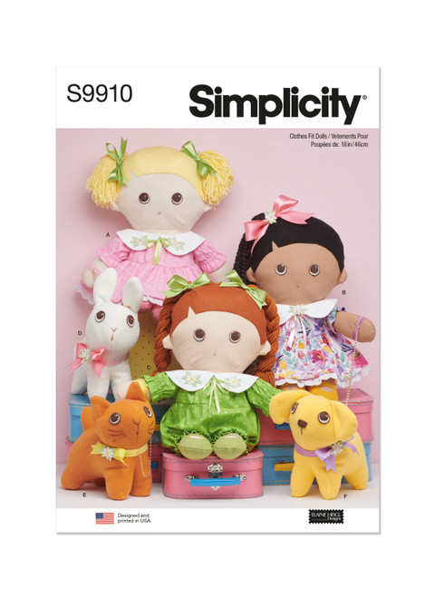 Simplicity Sewing Pattern Plush dolls with clothes and plush pets By Elaine Heigl Designs - S9910 - Size - One Size (D)