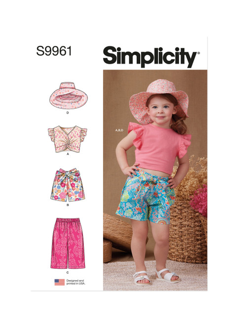 Simplicity Sewing Pattern Toddlers' Shorts, Pants, Hat and Knit Top Worn Front or Back - S9961 - Size - 1/2-4 (K)