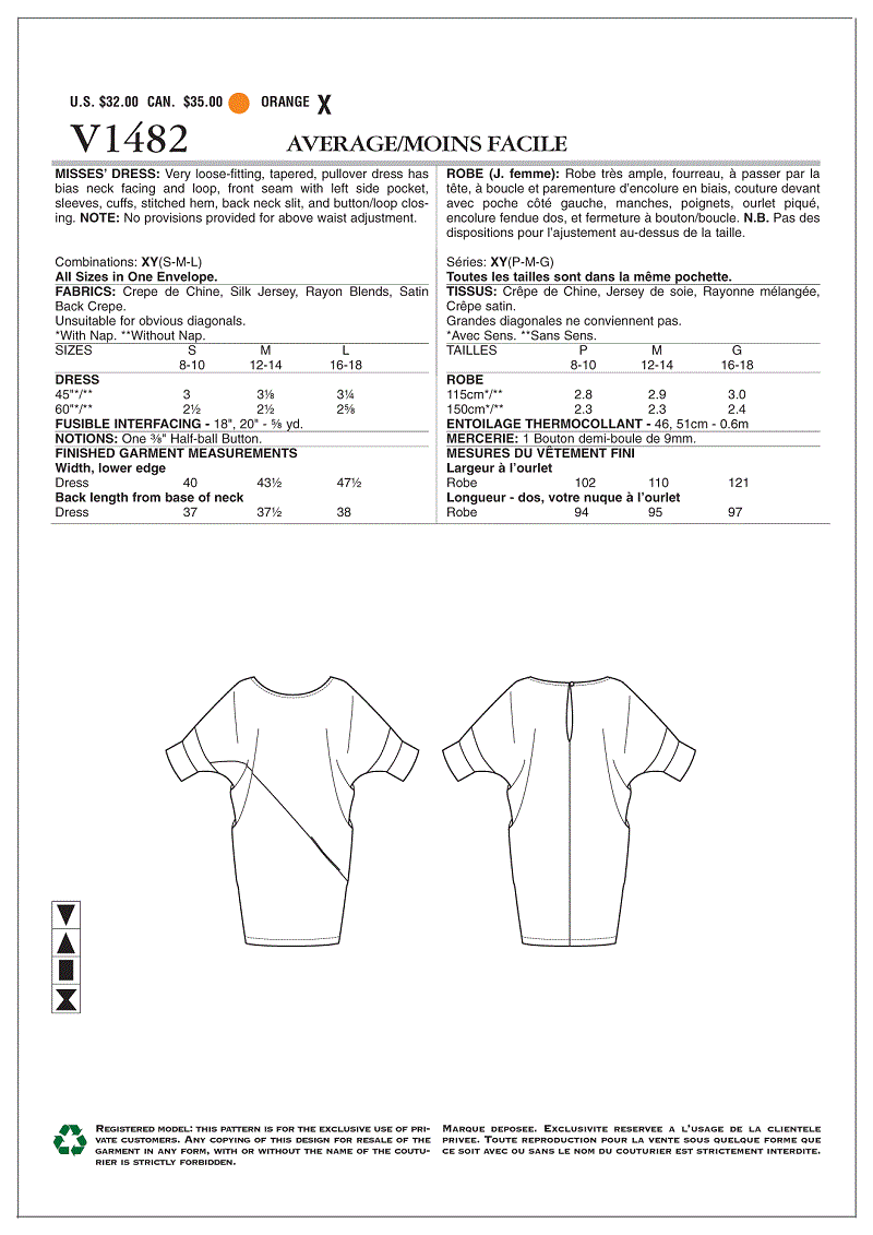 Wimbledon Sewing Machine Co Ltd V14 Orange Xy S M L